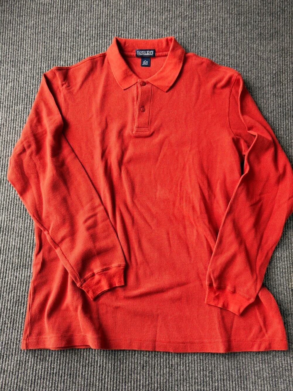 Lands' End Men's XL 46-48 Long Sleeve Polo Shirt Waffle Knit Orange